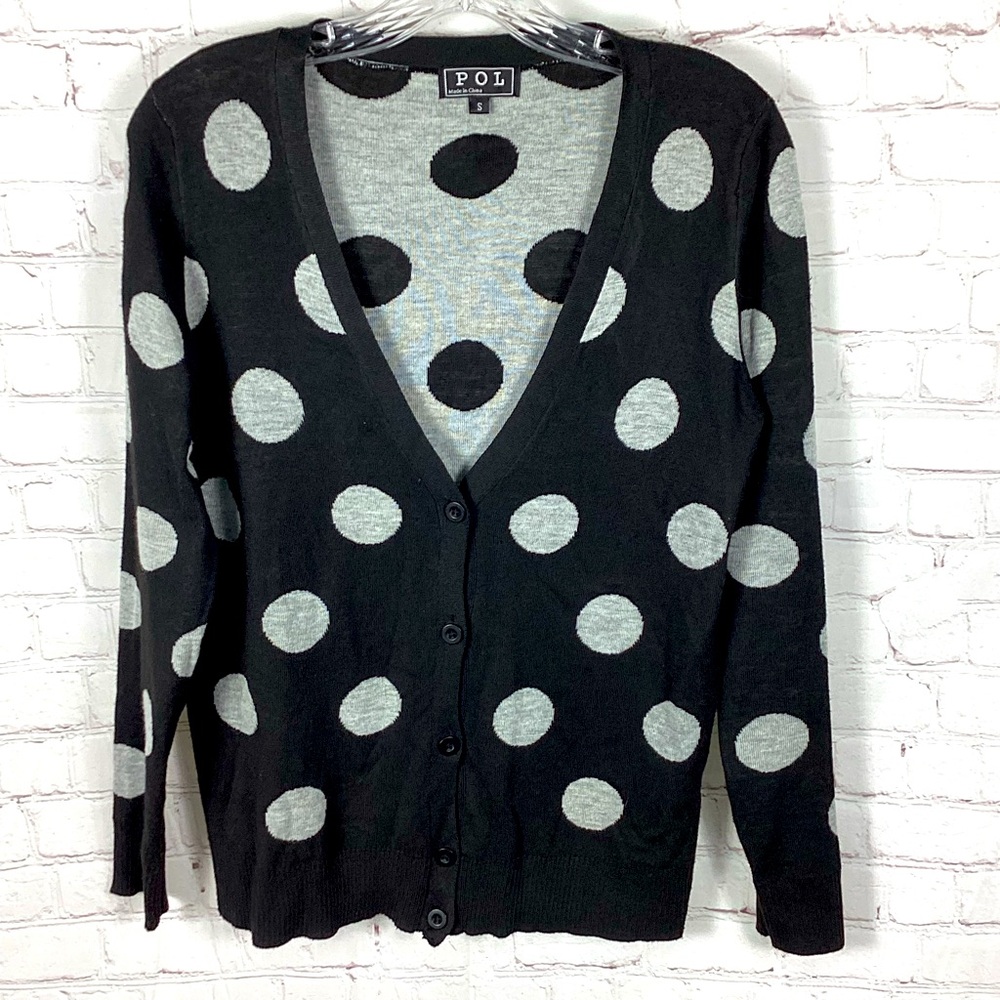 POL‎ Black & Gray Polka Dot Cardigan Sweater Women’s Size Small Retro Style